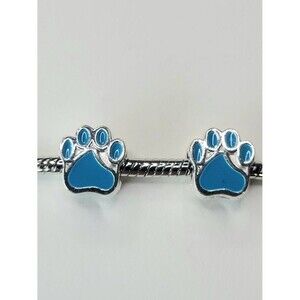 New! For Pandora TWO bright blue and silver color dog, bear, cat paw charm beads